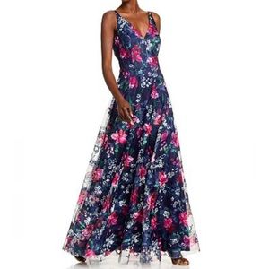 Eliza J V Neck Floral Embroidered Mesh Gown